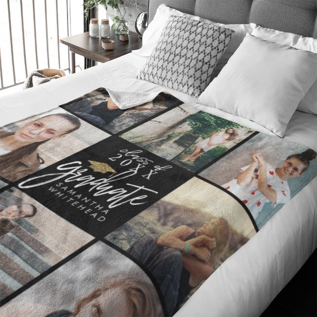 Student Photo Collage Guld Glitter Cap Black Fleecefilt (Celebrate your graduate's milestone with our cozy, custom fleece blanket.)