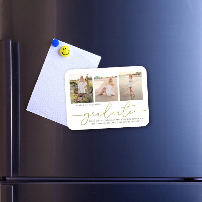 Student Photo Collage Modern Minimalist Guld Magnet (Graduation photo magnet with a three photo collage template. )