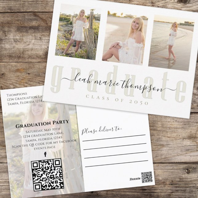 Student Photo Collage Simple Elegant Guld-skript Vykort (Graduation postcard with a scannable QR Code and multi photo template. )