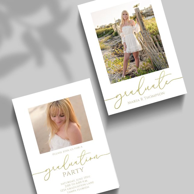 Student Photo Elegant Typography Guld-skript Meddelande (Graduation photo invitation announcement with gradient gold calligraphy. )