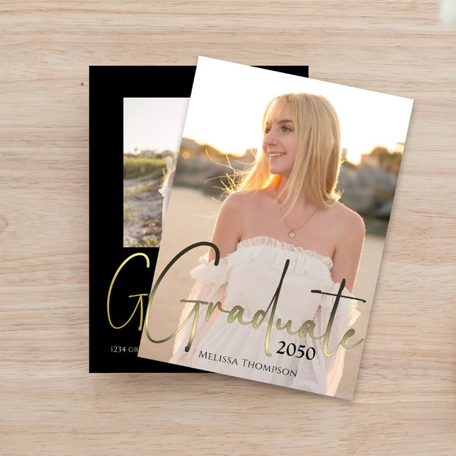 Student Photo Elegant Typography Simple Guld Meddelande (Modern graduation photo card featuring simple script typography and clean layout design.)