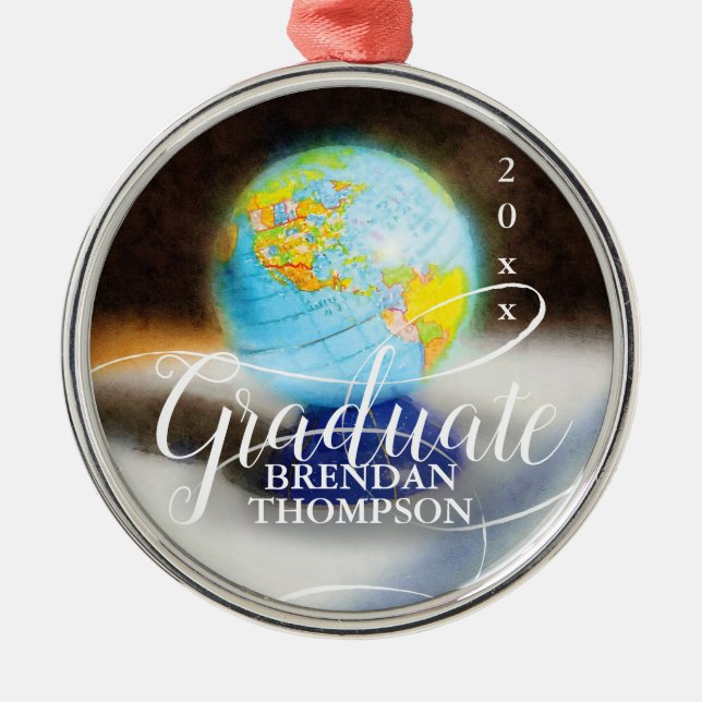 Student Photo Globe Monogram Namn Julgransprydnad Metall (Framsidan)