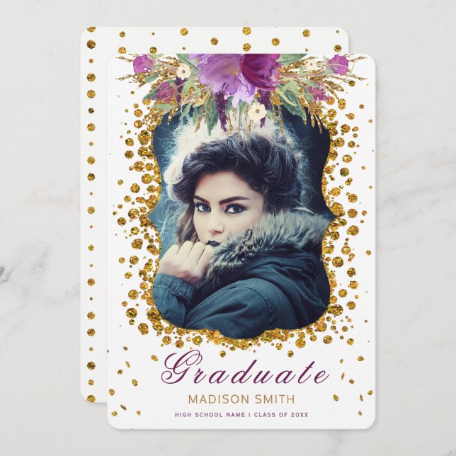 Student Photo Gnistra Flowers Glitter Confetti Inbjudningar (Fram/baksida)