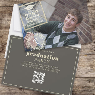 Student Photo Modern Guld Coola Grad Frimärke QR-k Inbjudningar