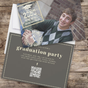 Student Photo Modern Guld Coola Grad Frimärke QR-k Inbjudningar
