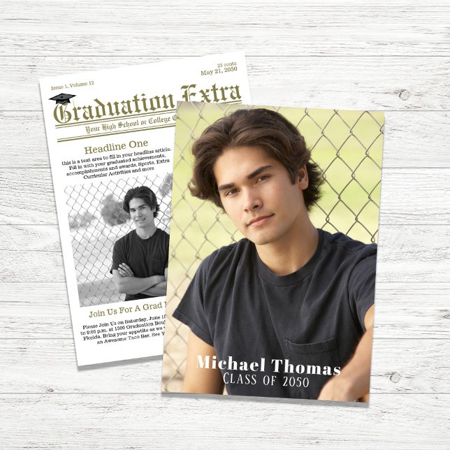 Student Photo Modern Simple Trendig Newspaper Inbjudningar (Graduation newspaper themed graduation photo card.)