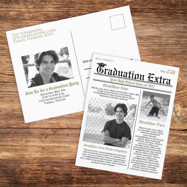 Student Photo Modern Simple Trendig Newspaper Vykort (Graduation announcement postcard invitation with a whimsical Newspaper theme. )