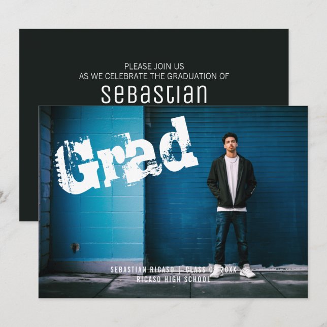 Student Photo Personlig Graffiti Mörk Grått Inbjudningar (Fram/baksida)