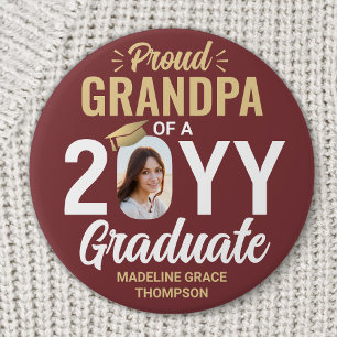 Student Photo Proud Grandpa Burgundy Red och Guld Knapp