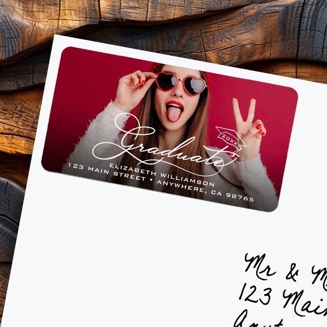 Student Photo Returadress Adressetikett (Return address label feature Graduate and your address in chic lettering on your favorite photo.)