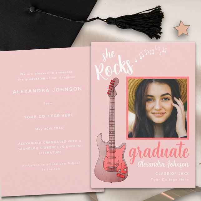 Student Photo Rosa  Script Hon Sten Land Music Inbjudningar (Pink guitar graduate photo modern script Graduation announcement card )
