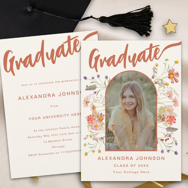 Student Photo Script Boho Blommigt Studentfest Inbjudningar (Wildflower boho graduate photo arch burnt orange script Graduation party invitation watercolor)