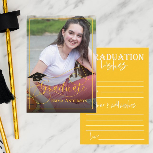 Student Photo White och Gult 2025 Studenten Rådkort (Graduate Photo White and Yellow 2025 Graduation Advice Card)