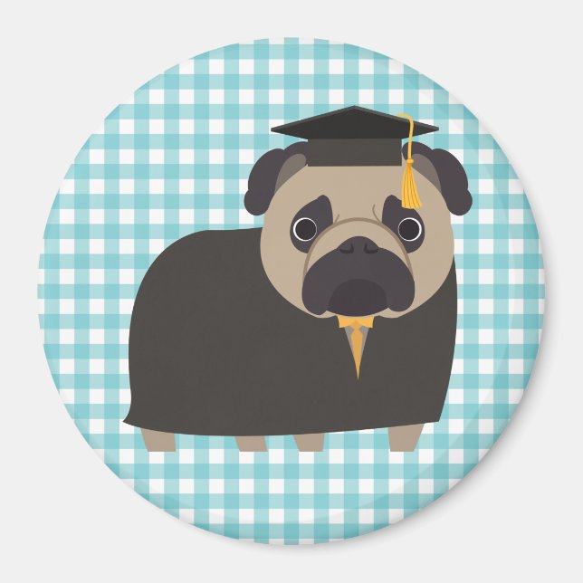 Student Pug on Blue and White Gingham Design Magnet (Framsidan)