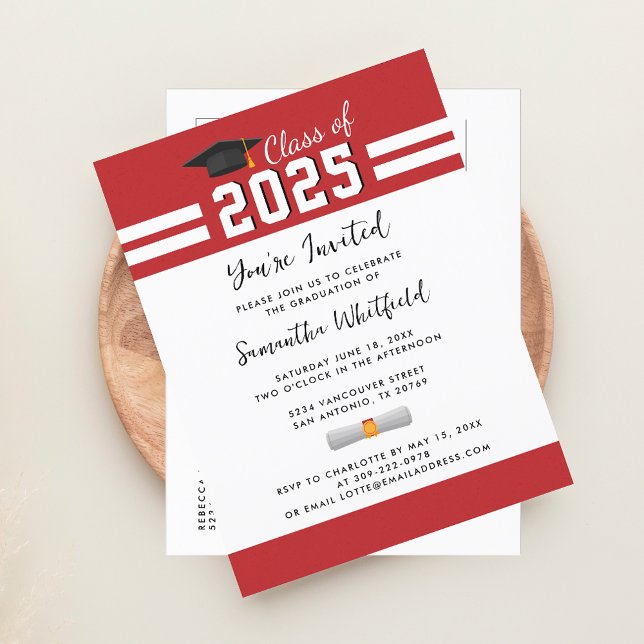 Student Red White Class of 2025 Studenten Inbjudan Vykort (2025 Graduation Party Red White Invitation Postcard)
