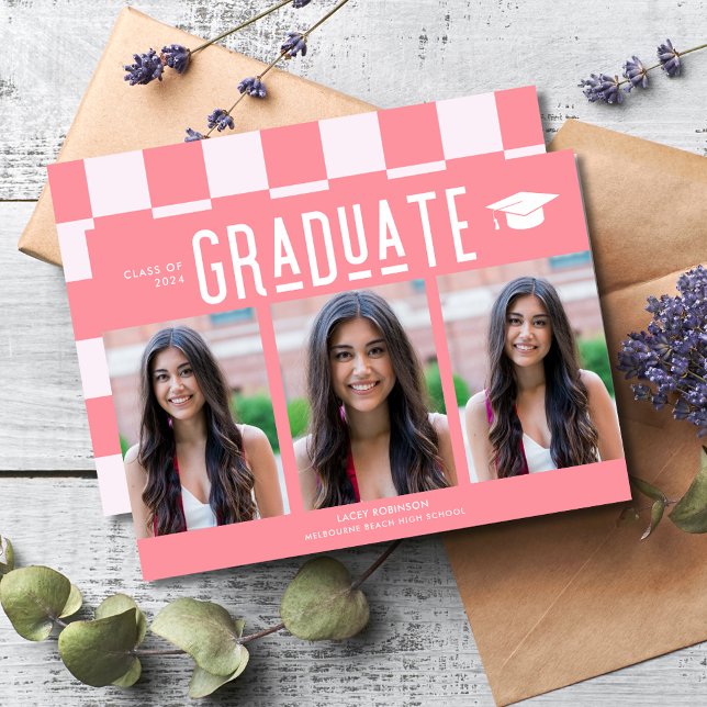 Student Rosa 3 Foto High School Studenten (Graduate Pink 3 Photo High School Graduation Announcement )