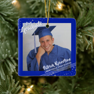 Student, Royal Blue Gräns & Stars, tvåfoto Julgransprydnad Keramik