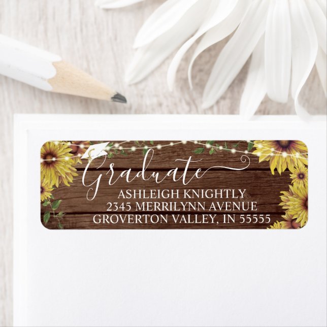 Student Rustic Solros Wood String Ljus Burk Returadress Etikett (Insitu)