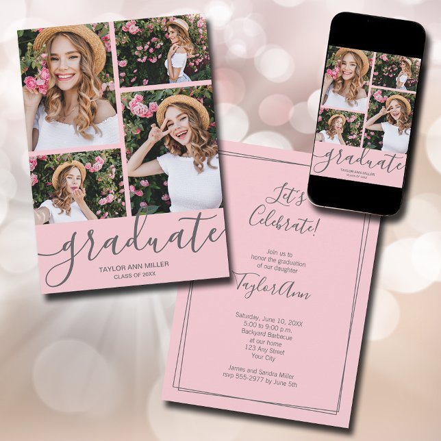 Student Script 4 Photo Rosa Studenten Meddelande (Modern script 4 photo pink graduation announcements - PRINTED and/or INSTANT DOWNLOAD)