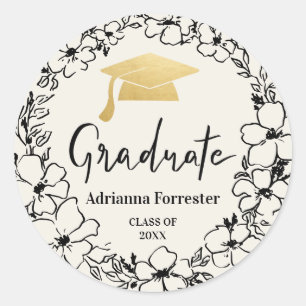 Student Script Grad Hat Guld Blommigt Utandning Runt Klistermärke