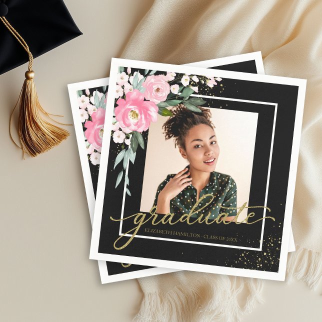 Student Shock rosa Blommigt Grad Party Photo Black Pappersservett (Skapare uppladdad)