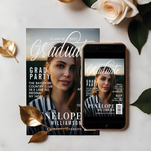 Student Snyggt Magazine Cover Photo Grad Party Inbjudningar (Graduate Stylish Magazine Cover Photo Grad Party Invitation)