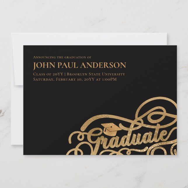 Student Studenten Grad Cap Black Guld Meddelande (Framsida)