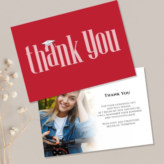 Student Tack Photo Elegant Kardinal Red Kort (Graduation photo thank you card with Cardinal red school color theme. )