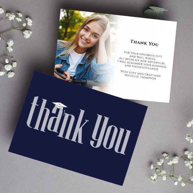 Student Tack Photo Navy Blue Modern Elegant (Graduation thank you card with navy blue and white modern-style typography. )