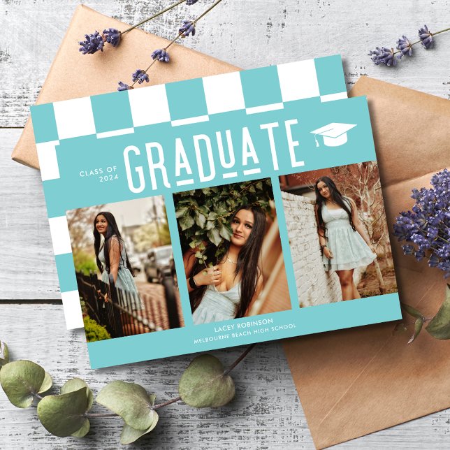 Student Teal Checkerboard 3 Photo Studenten (Graduate Teal Checkerboard 3 Photo Graduation Announcement)