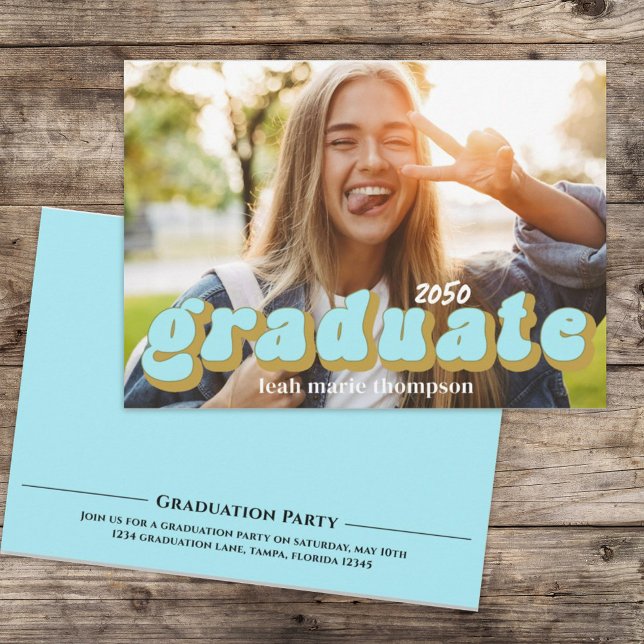 Student-typografi Foto Enkelt blått Roligt Retro Inbjudningar (Skapare uppladdad)