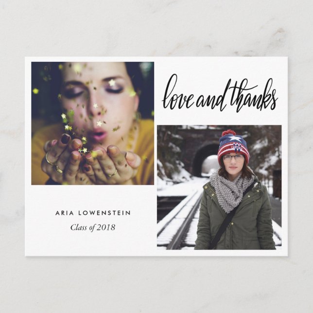 Student Typografi Kärlek och tack | Två foton Meddelande Vykort (Framsida)