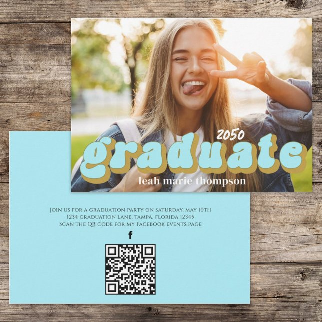 Student Typography Photo QR Code Social Media Inbjudningar (Graduation photo invitation card with a retro-style typography design. )