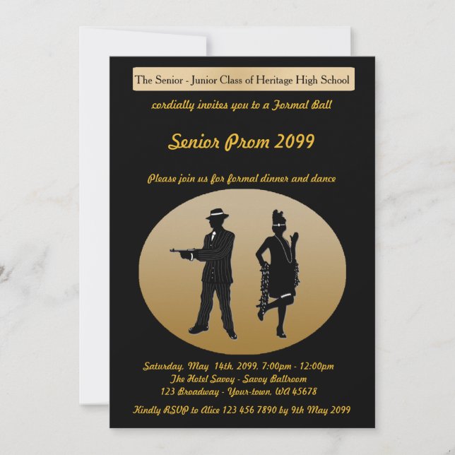 Studentbalpensionär, Gatsby stil, svart & guld, Inbjudningar (Framsida)