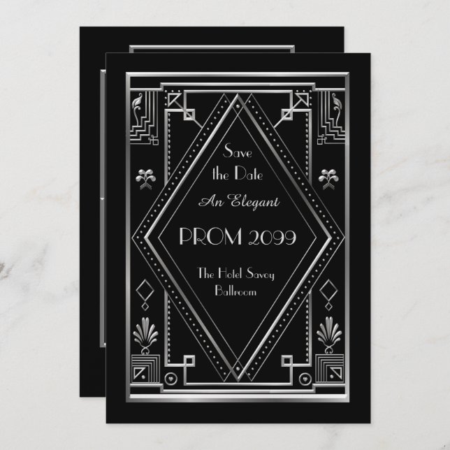 StudentbalPensionär-Junior, svart, silver, art Inbjudningar (Fram/baksida)