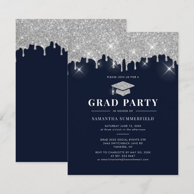 Studenten 2022 Glitter Silver Gnistra Grad Party Inbjudningar (Fram/baksida)