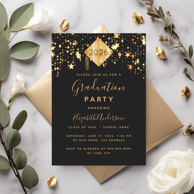 Studenten 2023 party, toppar svarta guld-stjärnor inbjudningar (Skapare uppladdad)