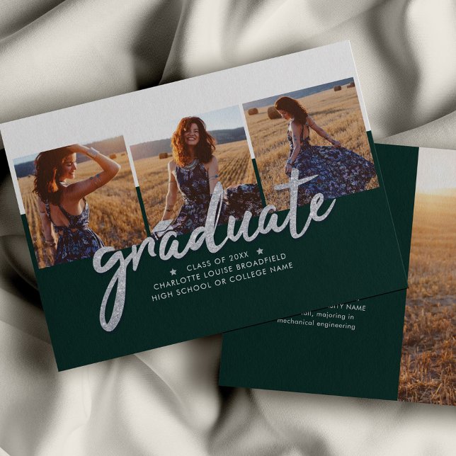 Studenten 2023 Photo Collage Grönt Silver Grad (Graduation Photo Collage Green Modern Grad Announcement)