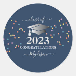 Studenten 2023 Royal Blue Confetti Silver initialt Runt Klistermärke