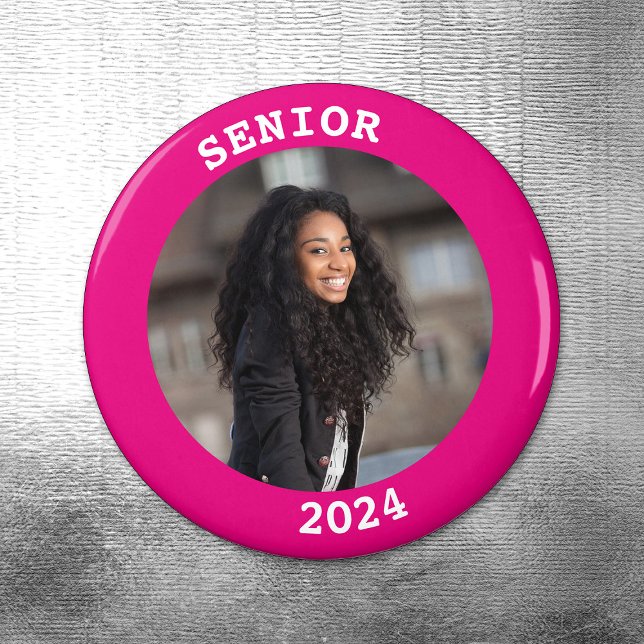 Studenten 2023 Shock rosa Round Photo Gräns Magnet (Hot Pink Senior Year 2024 Graduation Photo Magnet)