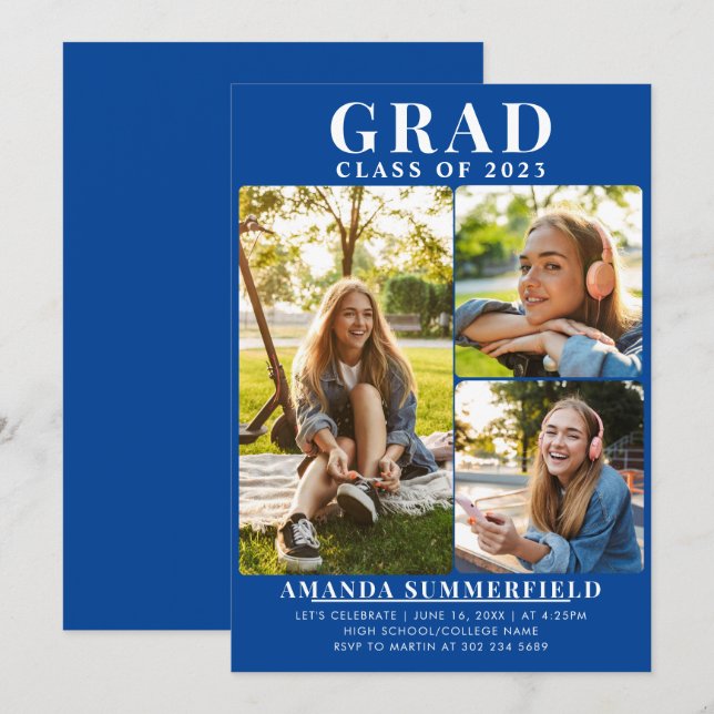 Studenten 2024 Grad Photo Collage Blue Party Inbjudningar (Fram/baksida)