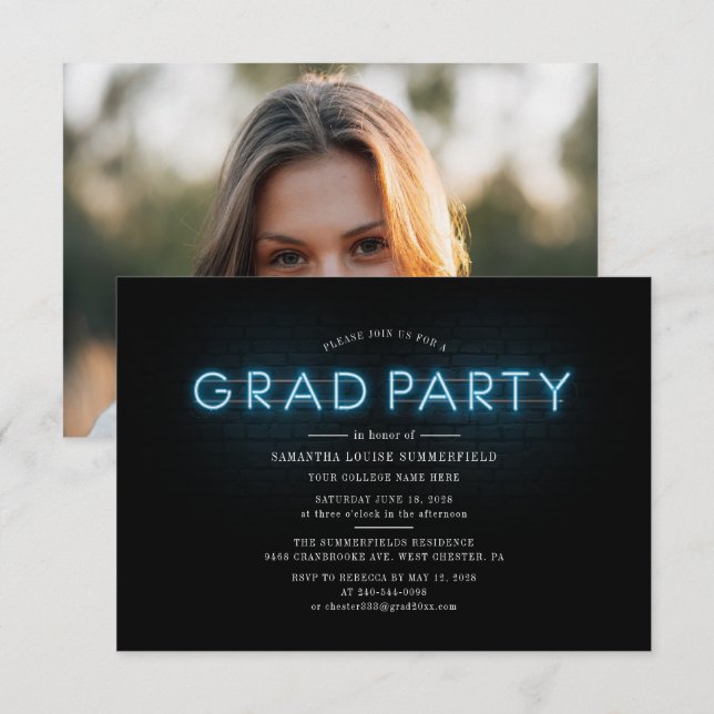 Studenten 2025 Blue Neon Photo Grad Party Inbjudningar (Fram/baksida)