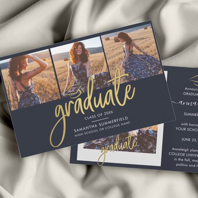 Studenten 2025 Fotokollage Grad-meddelande (Graduation 2024 Gold Foil Script Photo Collage Announcement)