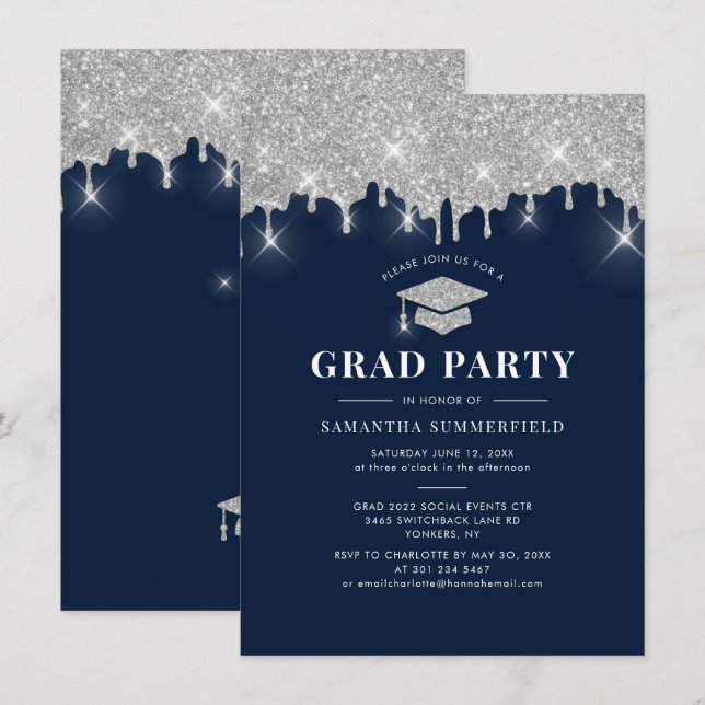 Studenten 2025 Glitter Grad Navy Blue Party Inbjudningar (Fram/baksida)