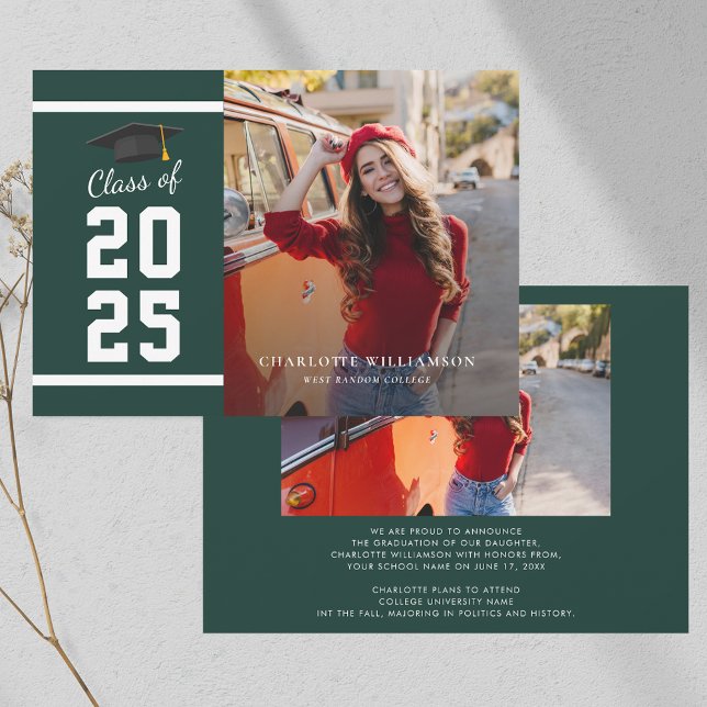 Studenten 2025 Grad Photo Grönt and White Meddelande (Graduation 2025 Grad Photo Green and White Announcement)