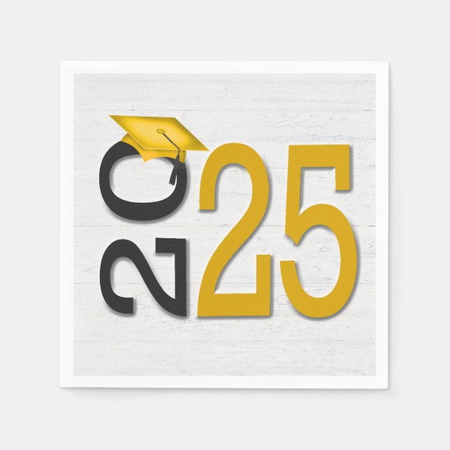 Studenten 2025 Guld och svart på trä Pappersservett (Framsidan)