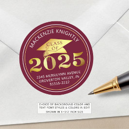 Studenten 2025 Maroon Faux Gold Foil Adress Runt Klistermärke