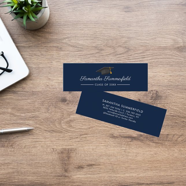 Studenten 2025 Namn Modern Script Navy Blue Card Mini Visitkort (Graduation 2025 Grad Student Navy Blue Mini Calling Card)