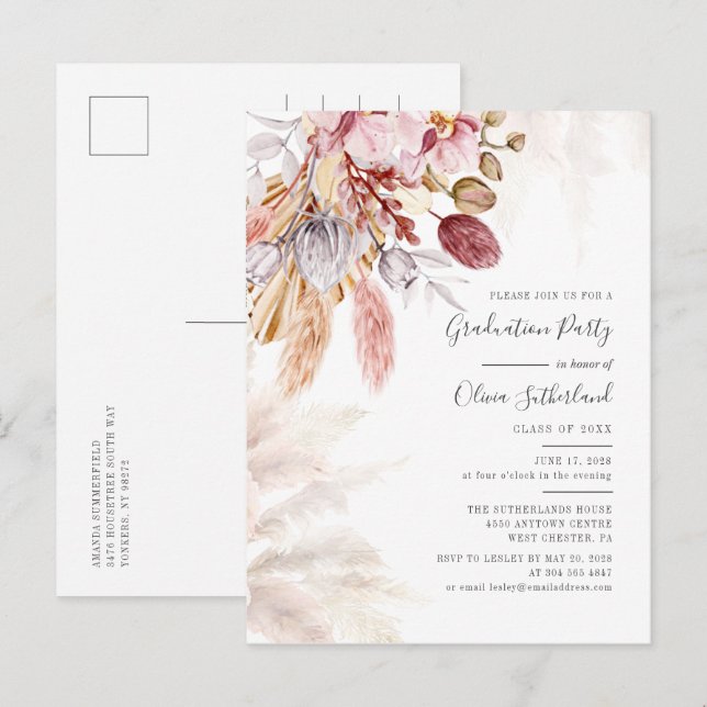 Studenten 2025 Pampas Grass Grad Party Inbjudan Vykort (Fram/baksida)