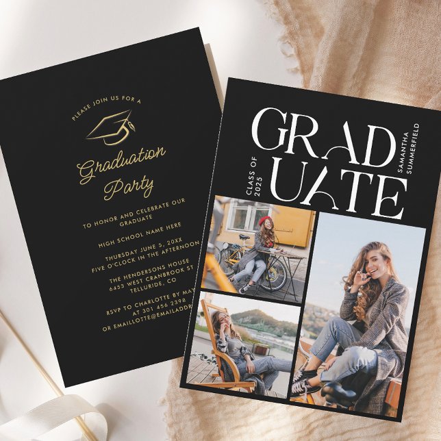 Studenten 2025 Photo Collage Black Student Party Inbjudningar (Graduation 2025 Photo Collage Black Graduate Party Invitation)